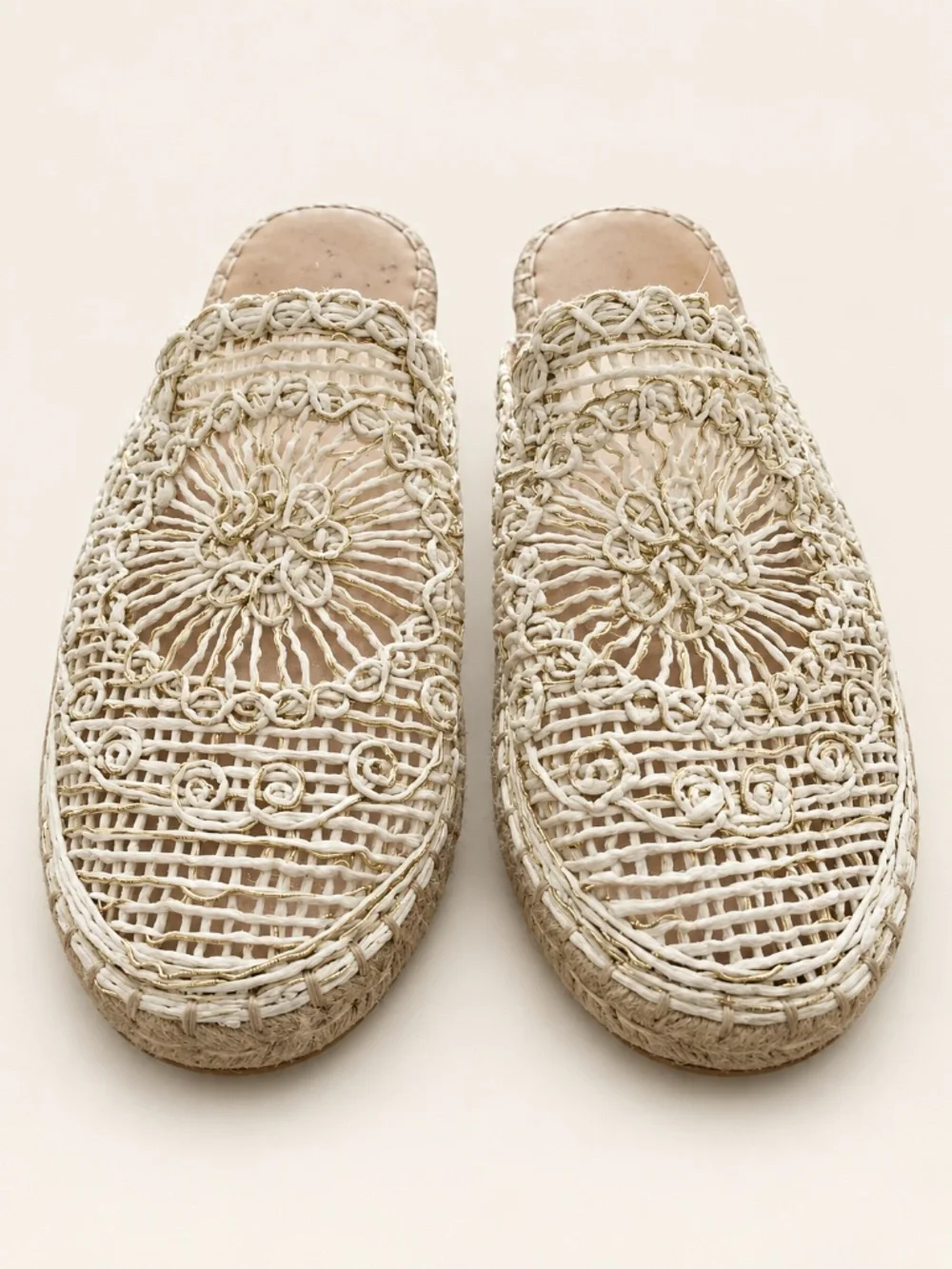 Atalina Ivory Crochet Floral Espadrille Mules Gold Metallic Slip-On Shoes 11M